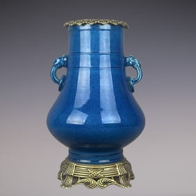 An Exquisite Blue Glazed Inlaid Bronze Double-Ears Vase