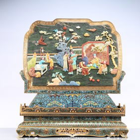 A Exquisite Cloisonne Lotus Pattern Character and Story Pattern with poem Screen Ornament
