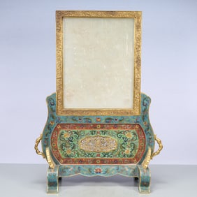 A Exquisite Cloisonne Inlaid White Jade Character and Story Pattern Lotus Pattern with poem Screen