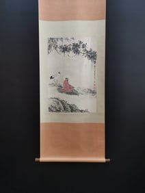 A Chinese Vertical Scroll Ink Painting of Character and Story on Paper