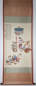 A Chinese Vertical Scroll Ink Painting of Character and Story on Silk