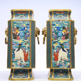 A Exquisite A pair of Cloisonne Lotus Pattern Character and Story Pattern Double-Ears Vase