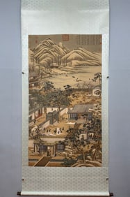 A Chinese Vertical Scroll Ink Painting of Landscape and Figure on Silk