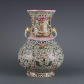 An Exquisite Famille-Rose Celadon Glazed Bats and Peach Pattern Lotus Pattern Double-Ears Vase