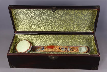 An Exquisite Gilt Bronze Inlaid White Jade Phoenix Pattern with poem Ruyi