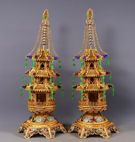 A Pair of Exquisite Gilt Bronze Inlaid Gems Pagoda