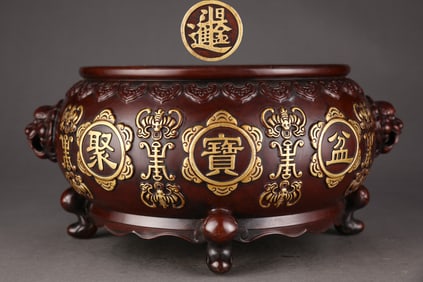 An Exquisite Gilt Bronze Bats and Peach Pattern Double-Ears Censer