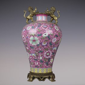 An Exquisite Famille-Rose Inlaid Bronze Lotus Pattern Double-Ears Vase