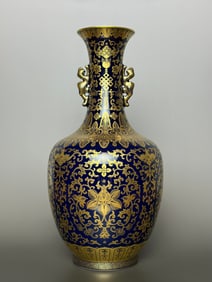 A Pair of Exquisite Ji Blue Glazed Painted Gold Lotus Pattern Bats and Peach Pattern Double-Ears