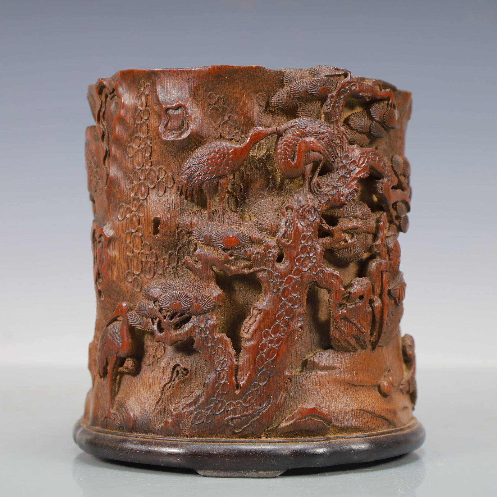 A Exquisite Zitanwood Pine and Crane Pattern Character and Story Pattern with poem Brush Pot (1 of 7)