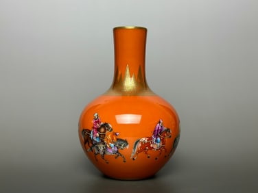 A Pair of Exquisite Iron-Red Painted Gold Character and Story Pattern Vase