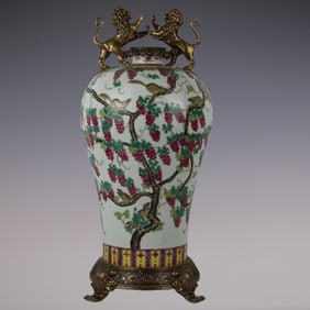 An Exquisite Famille-Rose Inlaid Bronze Squirrel and Grapes Pattern Double-Ears Vase