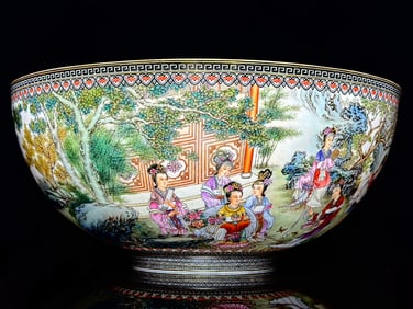 An Exquisite Ink Color Iron-Red Painted Gold Landscape and Figure Pattern with poem Bowl