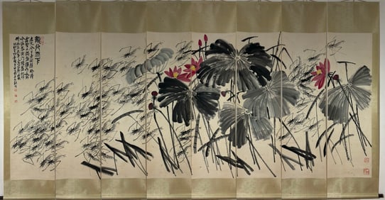 A Chinese Vertical Scroll Ink Painting of Shrimp on Paper