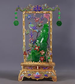 An Exquisite Gilt Bronze Inlaid Jadeite Flower and Bird Pattern Ornament