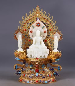 A Set of Fine Gilt Bronze Inlaid White Jade Lotus Pattern Buddha Statue