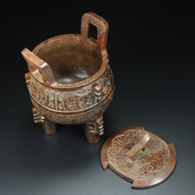 An Exquisite Archaic Jade Auspicious Beast Pattern Double-Ears and Tripod Censer