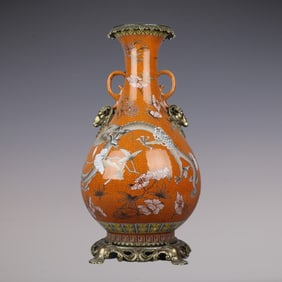 An Exquisite Ink Color Inlaid Bronze Dragon Pattern Double-Ears Vase