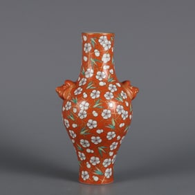 An Exquisite Famille-Rose Coral Red Glazed Painted Gold Flower Pattern Double-Ears Vase