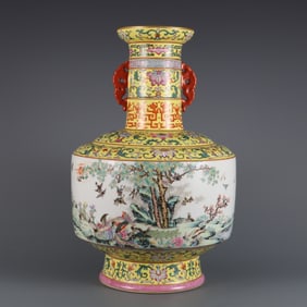An Exquisite Famille-Rose Yellow Glazed Lotus Pattern Flower and Bird Pattern Double-Ears Vase