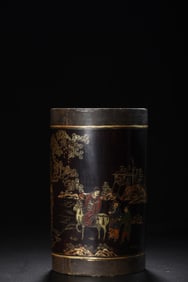 An Exquisite Bamboo Painted Gold Character and Story Pattern with poem Brush Pot