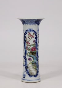 An Exquisite Famille-Rose Blue and White Flower and Bird Pattern Vase
