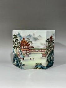 An Exquisite Famille-Rose Landscape and Figure Pattern with poem Brush Pot