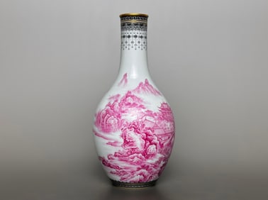 A Pair of Exquisite Ink Color Painted Gold Landscape Pattern with poem Vase