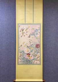 A Chinese Vertical Scroll Ink Painting of Flower and Butterfly on Silk
