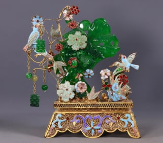 An Exquisite Gilt Bronze Inlaid Jadeite Flower and Bird Pattern Ornament