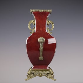 An Exquisite Ji Red Glazed Inlaid Bronze Double-Ears Vase