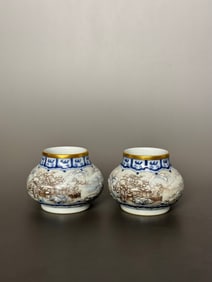 A Pair of Exquisite Blue and White Painted Gold Landscape and Figure Pattern Brush Washer