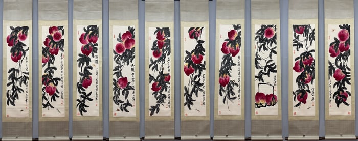 A Chinese Vertical Scroll Ink Painting of Peach on Paper