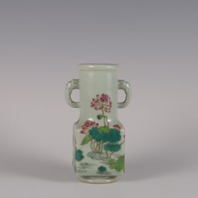 An Exquisite Famille-Rose Celadon Glazed Flower and Bird Pattern Double-Ears Vase