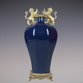 An Exquisite Ji Blue Glazed Inlaid Bronze Double-Ears Vase