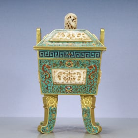 A Exquisite Cloisonne Inlaid White Jade Lotus Pattern Dragon Pattern Double-Ears Censer