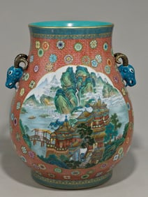 An Exquisite Enamel Landscape Pattern with poem Double-Ears Jar