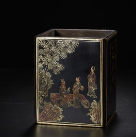 An Exquisite Black Lacquer Painted Gold Character and Story Pattern with poem Brush Pot