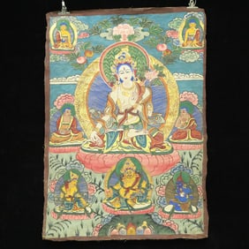 An Exquisite Brocade Painted Color Buddha Statue Tangka