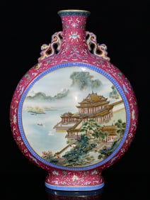 An Exquisite Famille-Rose Ruby Red-Glazed Painted Gold Lotus Pattern Landscape Pattern Double-Ears