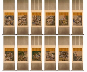 A Chinese Vertical Scroll Ink Painting of Character and Story on Silk