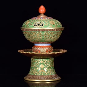 An Exquisite Enamel Gilt Lotus?Bats and Peach Pattern Censer?With Base