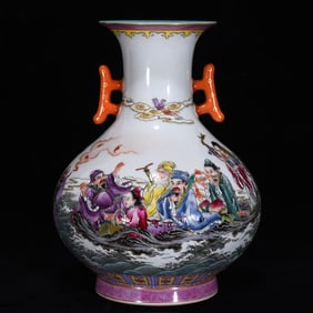 An Exquisite Famille-Rose Painted Gold Seawater and Figure Pattern Double-Ears Vase,With Poem