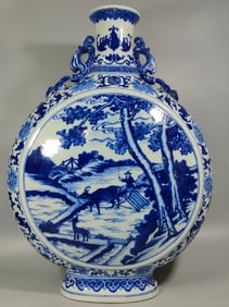 A Huge Chai yao Blue and White Landscape and Figure Pattern Double-Ears Vase