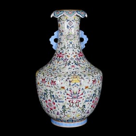 A Rare Famille-Rose Painted Gold Lotus Pattern Double-Ears Vase