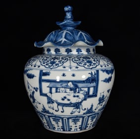 A Rare Blue and White Character and Story Pattern Cover Jar