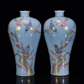 A Pair of Exquisite Sky Blue Glazed Famille-Rose Painted Gold Flower and Bird Pattern Vases?With