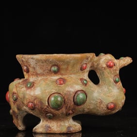 An Archaic Hongshan Culture Yellow Jade Duck-Shaped Censer,Inlaid Gems