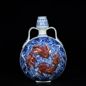 A Rare Blue and White Underglaze-Red Seawater and Fish Pattern Double-Ears Vase