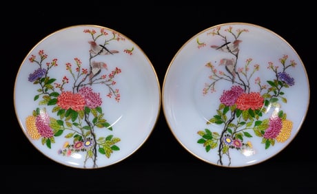 A Pair of Exquisite Famille-Rose Painted Gold Flower and Bird Pattern Plates